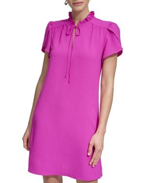 DKNY Front Tie Ruffle Neckline Trapeze Dress - Purple