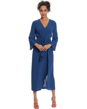 Donna Morgan Long Sleeve V-neck Midi Dress With Waist Tie - Blue
