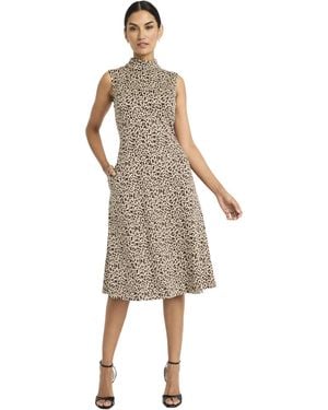 Maggy London Sleeveless Midi Leopard Print High Neck-a-line Skirt Cocktail Wedding Guest Work Formal Dresses - Natural