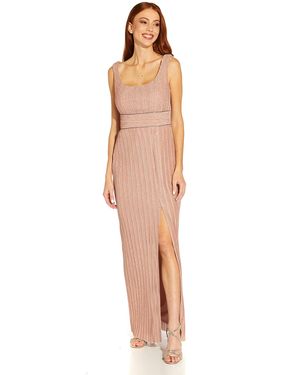 Adrianna Papell Stretch Metallic Crinkle Long Column Gown - Pink