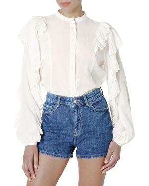 The Drop 's Arianna Dramatic Ruffle Sleeve Cotton Blouse - Blue