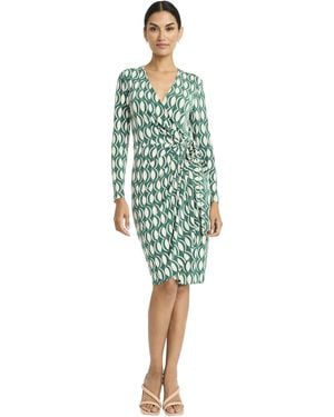 Maggy London Knee-length V-neck Wrap Dress With Side Tie Closure-long Sleeve Fitted Silhouette For Elegant Occasions - Green
