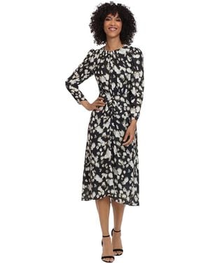 Maggy London Long Sleeve Center Front Waist Ruched Midi Dress - White