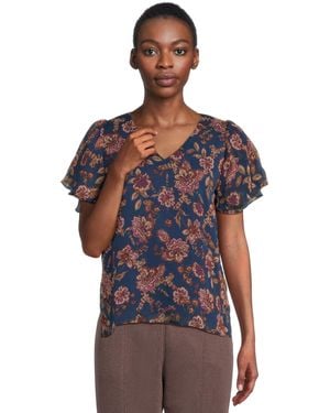 Vince Camuto V-neck Short Ruffle Sleeve Blouse - Blue