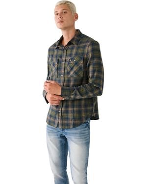 True Religion Triple Needle Plaid Long Sleeve Shirt - Gray