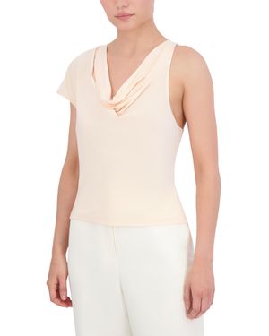 BCBGMAXAZRIA Cowl Neck Asymmetrical Drape Knit Top With Flutter Cap Sleeves - White