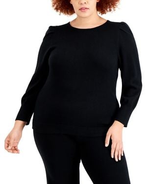 Anne Klein Cttn Cshmre Crew Nk W/puff Slv-anne Blk - Black