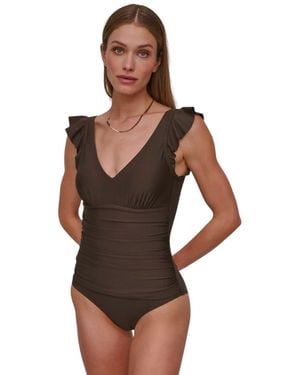 DKNY Standard Ruffle Shoulder V-neck One Piece Swimsuit - Brown