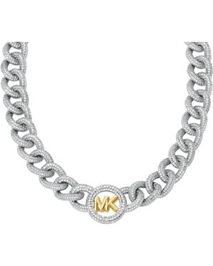 Michael Kors Silver Pavé Logo Chain Necklace - Metallic