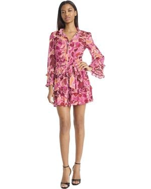 Donna Morgan Tiered Ruffle Mini Dress-long Sleeve A-line With Bell Cuffs And Stand Collar