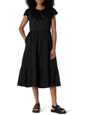 Amazon Essentials Abito Midi Girocollo in Raso di Cotone a Balze vestibilità Comoda Donna - Nero