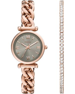 Fossil Carlie Three-hand Rose Gold-tone Stainless Steel Watch And Bracelet Set - White