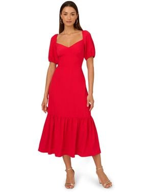 Adrianna Papell Puff Sleeve Midi Dress - Red