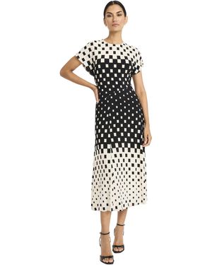 Maggy London High Neckline Short Sleeve Midi Keyhole Back-gradient Square Pattern-cocktail Party Wedding Guest Dress - White
