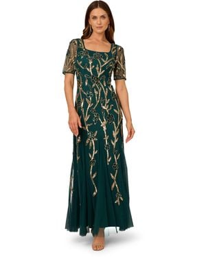 Adrianna Papell Square-neck Beaded Mesh Gown - Green