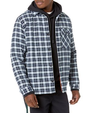 Lacoste Long Sleeve Checked Flannel Button Down Overshirt With Quilted Lining - Blue