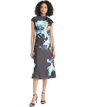 Maggy London S Fitted Sheath Midi Dress With Cap Sleeves Round Neckline Light Charmeuse-formal Cocktail - Blue