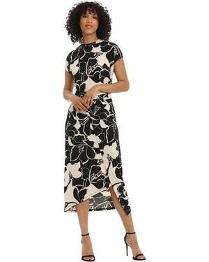 Donna Morgan Short Sleeve Mock Neck Wrap Look With Asymmetric High Low Midi Hem - White