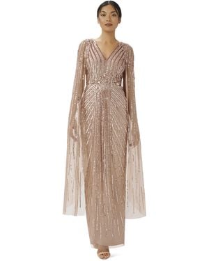 Adrianna Papell Beaded Cape Long Dress - Natural