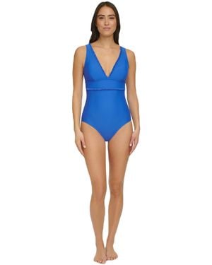 Tommy Hilfiger Micro Ruffle Over The Shoulder Everyday Basic One Piece Ruhestand - Blau