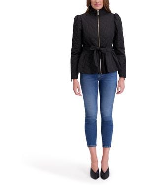 Kensie Outerwear Short Quilted Puffer Jacket With Puff Sleeves & Tie Belt - Black