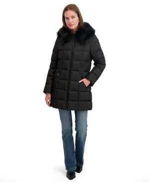 Tahari Fitted Quilted Puffer Coat With Attached Hood - Black