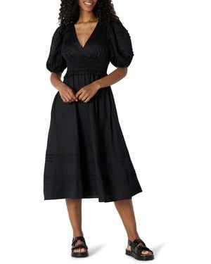 Amazon Essentials Abito Midi Regular Fit in Raso di Cotone con iche A Sbuffo Donna - Nero