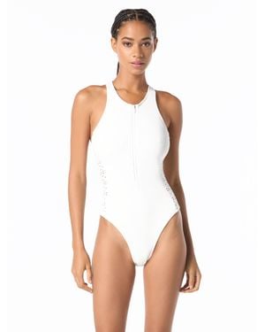 Michael Kors Laser Cut Zip Front Highneck One Piece - White