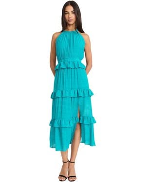 Donna Morgan Halter Neck Tiered Midi Semi-sheer Textured Fabric With Ruffle Details-wedding Guest Cocktail Dress - Blue