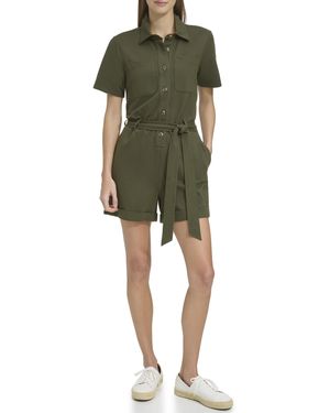 Andrew Marc Sport Short Sleeve Button Front Stretch Knit Utility Romper - Green