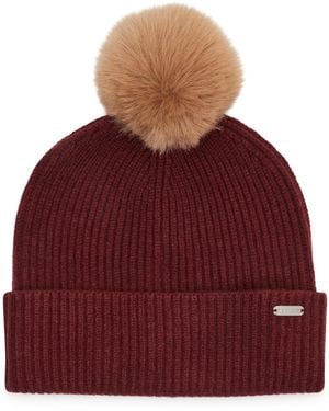 Steve Madden Ribbed Furry Pom Pom Beanie - Red