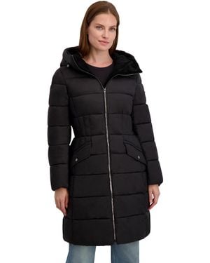 Laundry by Shelli Segal Fitted Puffer Long Coat– Winter Jacket Velvet Corduroy Hood Waist Drawstring - Black