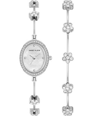 Anne Klein Premium Crystal Accented Bangle Watch Set - White