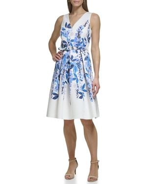 Eliza J Fit And Flare Style Woven Faille Sleeveless Vneck Floral Dress - Blue