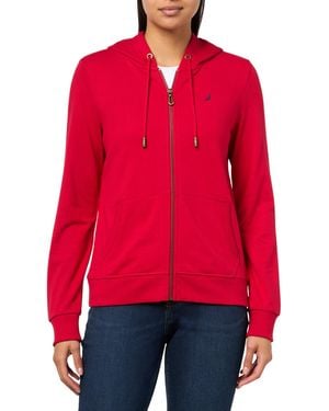 Nautica Jeans Solid Zipper Hoodie Sweatshirt - Red