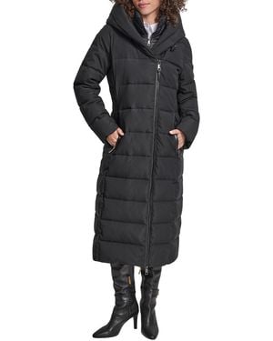 DKNY Maxi Puffer Coat With Bib And Shawl Collar – Long Quilted Winter - Black