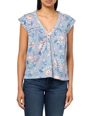 Lucky Brand Printed Lace Trim Henley Tee Blue Floral