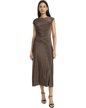 Maggy London Elegant Ruched Midi Cap Sleeve Boat Neck-slim-fitting Cocktail Dress - Brown