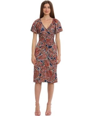 Maggy London Floral Printed V-neck Empire Waist Midi Dress - Red
