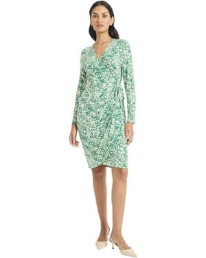 Maggy London Long Sleeve Wrap V-neck Knee Length Fitted Silhouette Dress With Tie Closure-matte Jersey - Green
