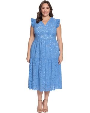 Maggy London Sleeveless V-neck With Ruffle Shoulder Detail And Tiered Skirt - Blue