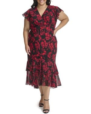 Tommy Hilfiger Flutter Sleeve High Low Tiered Skirt Dress