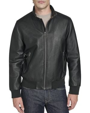 Cole Haan Stand Collar Pebbly Texture Faux Leather Jacket - Black