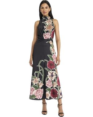 Maggy London Sleeveless Mock Neck Maxi Elegant Floral Print For Wedding Guest-versatile Formal Dresses - White
