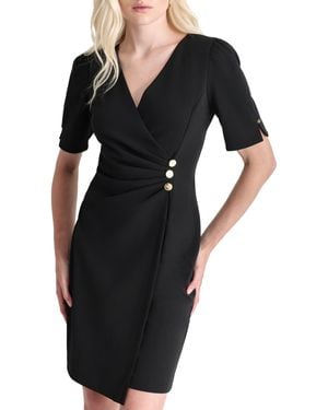 DKNY Short Sleeve Surplice Neck Mini Faux Wrap Scuba Crepe Dress - Black