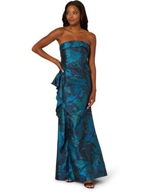 Adrianna Papell Strapless Draped Floral Jacquard Gown - Blue