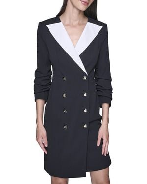 Karl Lagerfeld Paris Scrunched Sleeve Contrast Lapel V-neck Scuba Crepe Blazer Dress - Blue
