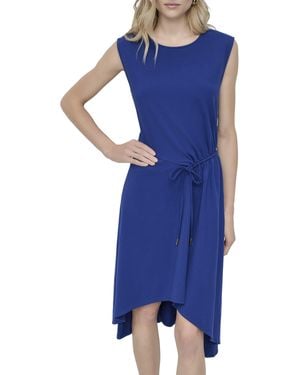 DKNY Cap Sleeve Jewel Neck Drawstring Tie Detail Asymmetrical Hem Dress - Blue
