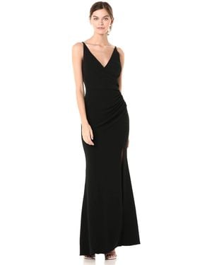Dress the Population Jordan Plunging Drape Front Sleeveless Long Gown With Slit Dress - Black