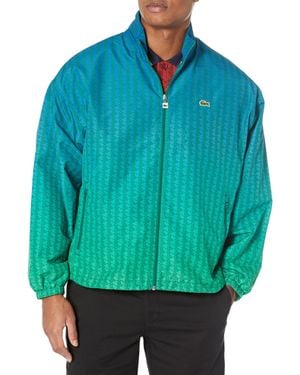 Lacoste Long Sleeve Aop L Full Zip Hoodless Blouson Jacket W/arm Stripes & Large Croc Back Graphic - Green